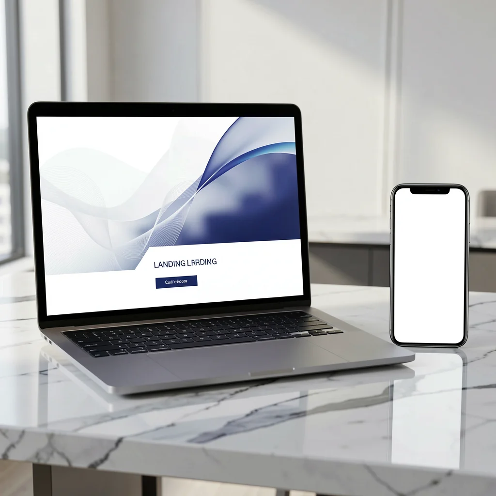 Notebook e smartphone lado a lado exibindo landing page otimizada para conversão