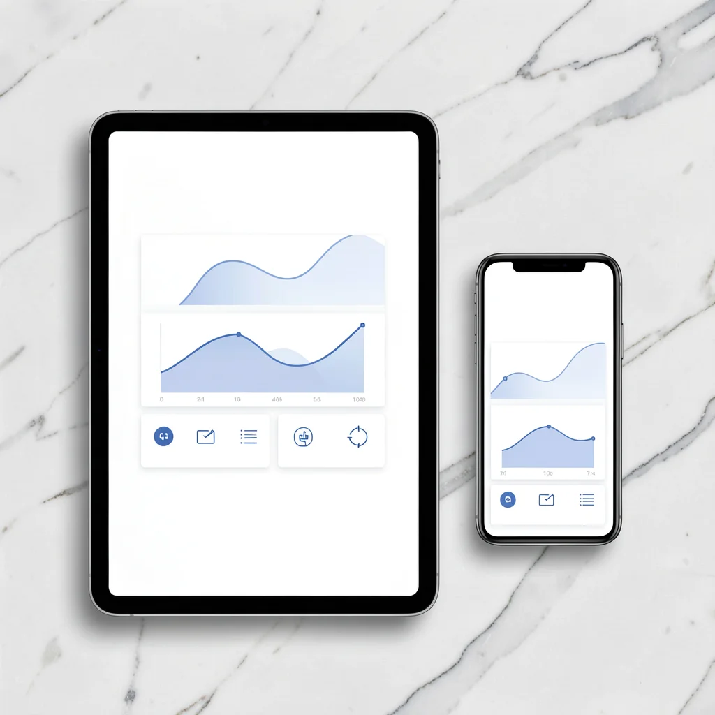 Mockup minimalista de tablet e smartphone com dashboard abstrato em superfície de mármore