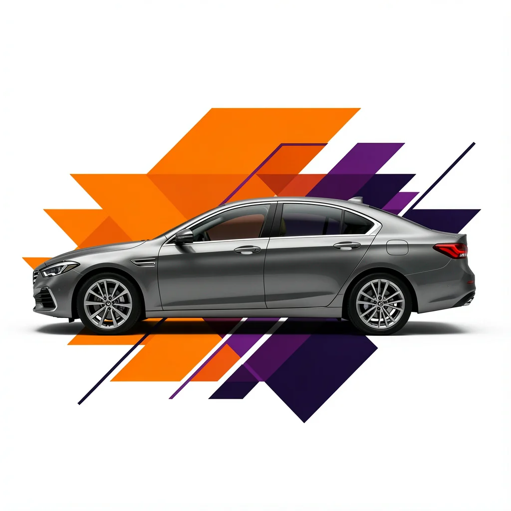 Representação gráfica moderna de um carro corporativo com elementos de design em laranja e roxo sobre fundo branco.