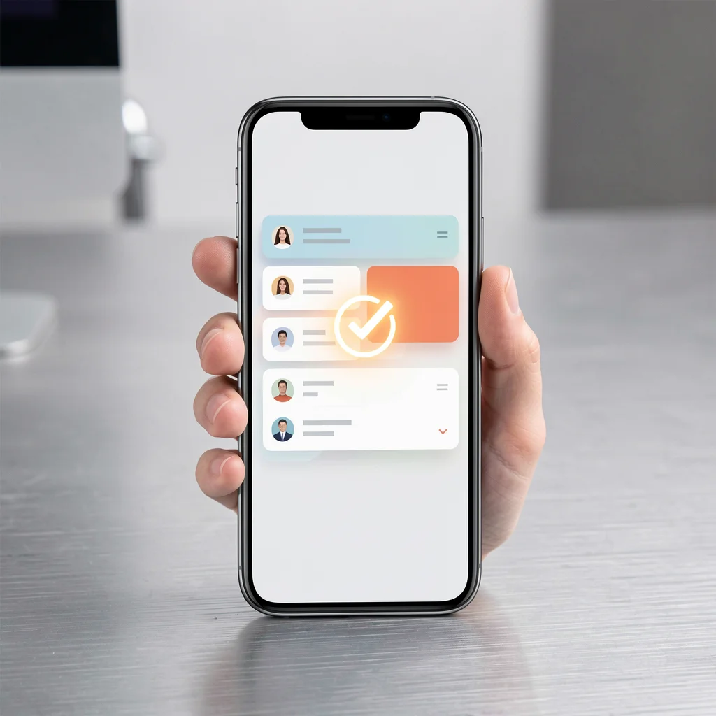Mão segurando smartphone com tela de CRM minimalista e ícone de visto brilhante, simbolizando conversão de cliente.