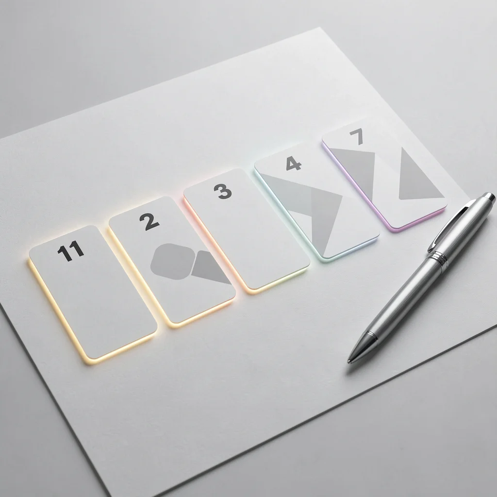 Sete cartões numerados minimalistas em uma mesa, representando um plano de ação de 7 dias para conquistar clientes.