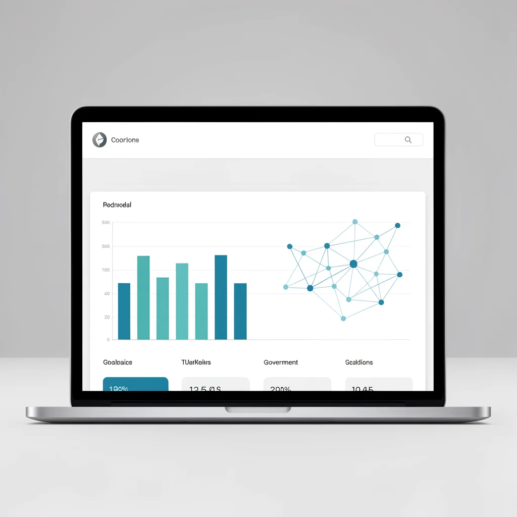 Dashboard moderno e minimalista de plataforma de licitações governamentais em um tablet, com gráficos abstratos e conexões de rede.