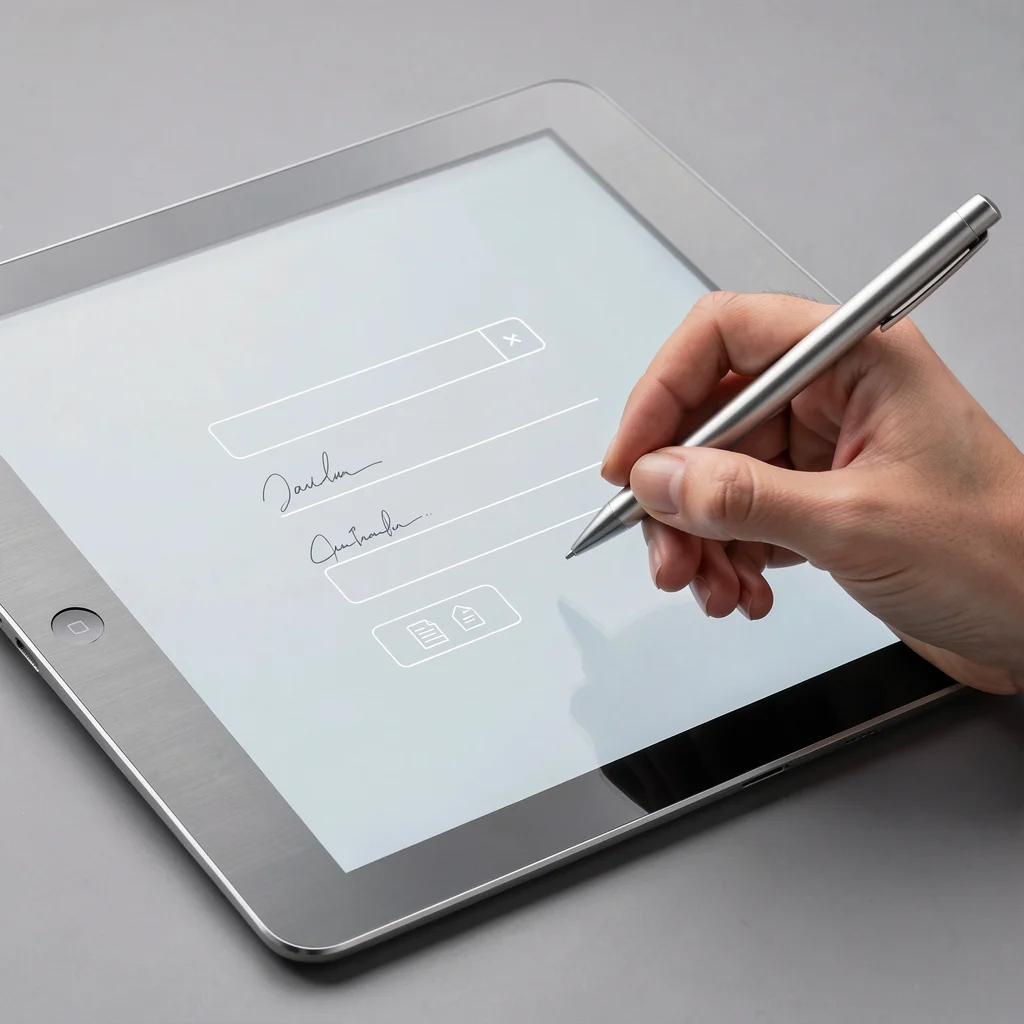 Mão assinando um contrato digital em um tablet premium, com tela limpa e campos de assinatura abstratos.