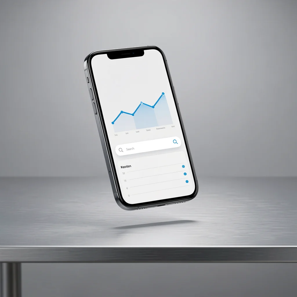 Smartphone moderno sobre mesa com tela de dashboard abstrato representando o TikTok Creator Marketplace