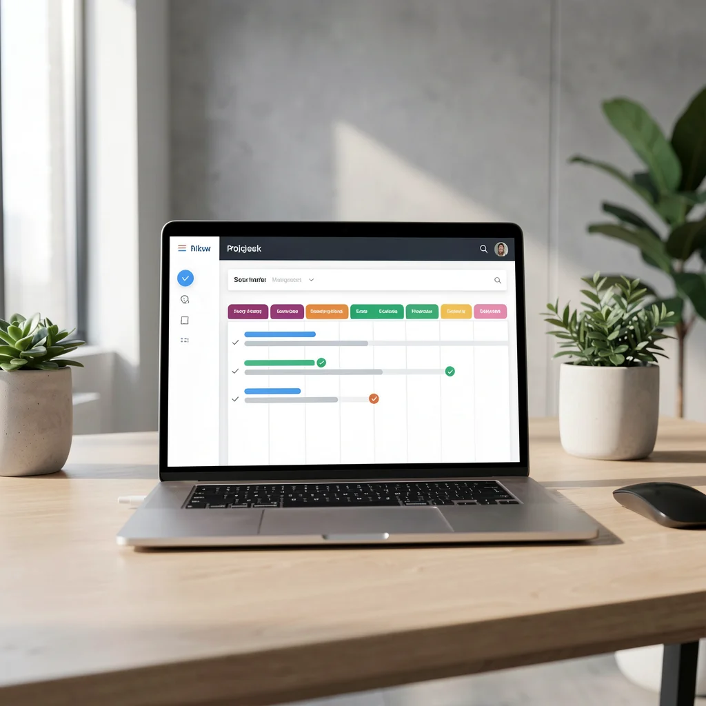 Mesa de escritório minimalista com laptop mostrando interface de gerenciamento de projetos com barras de progresso abstratas