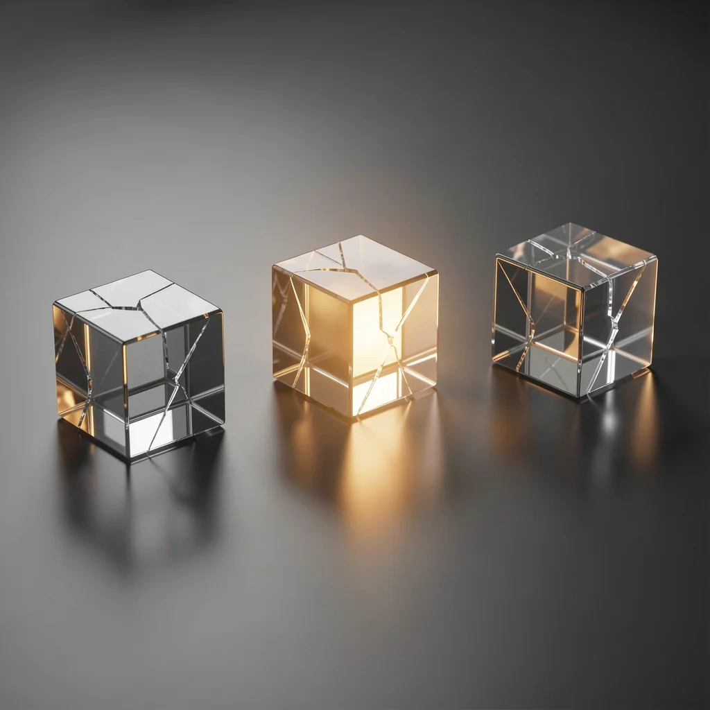 Três cubos de vidro transparente com rachaduras sutis sobre superfície escura, um deles iluminado por dentro