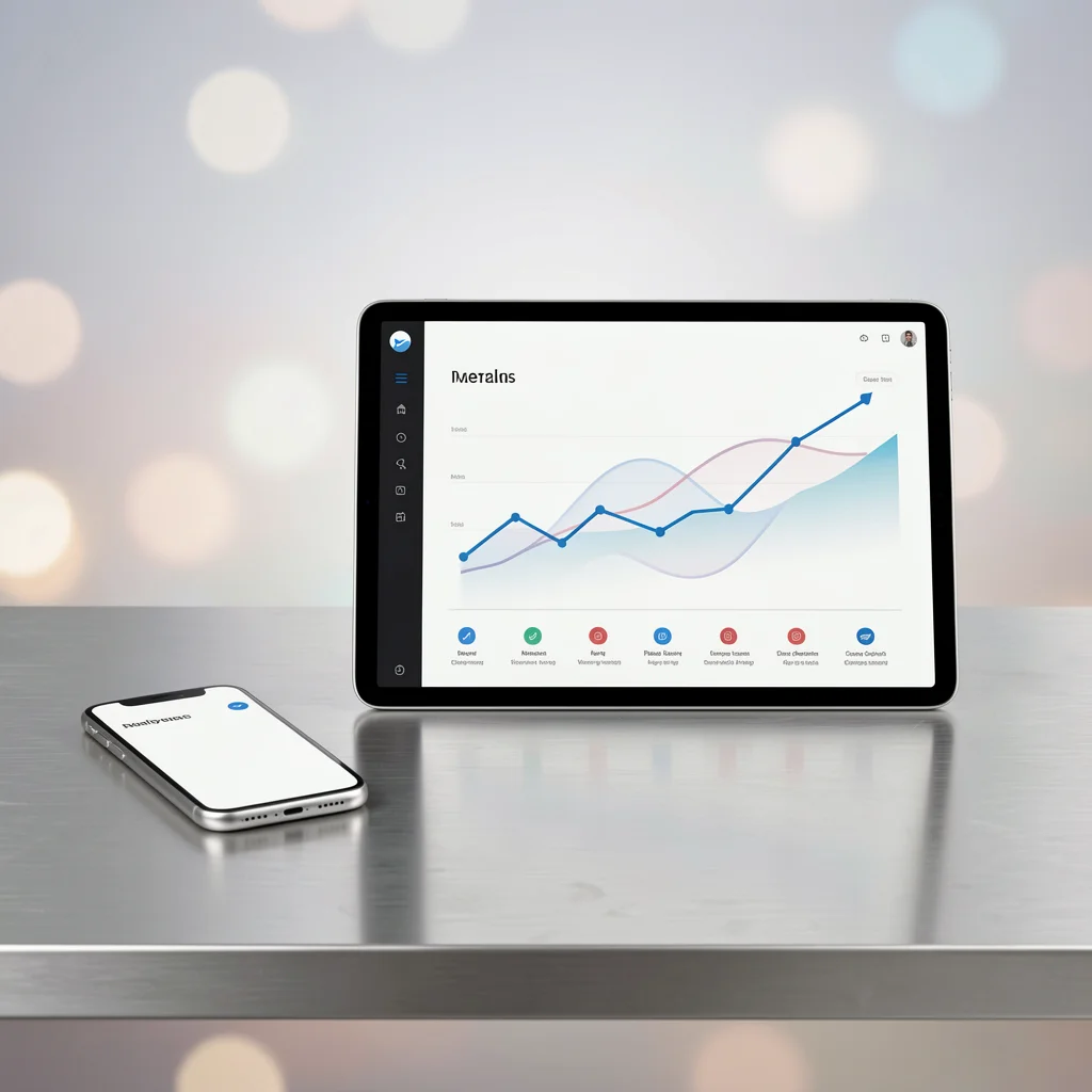 Smartphone e tablet sobre mesa de alumínio escovado exibindo dashboard com gráficos de tendência ascendente e ícones de recorrência