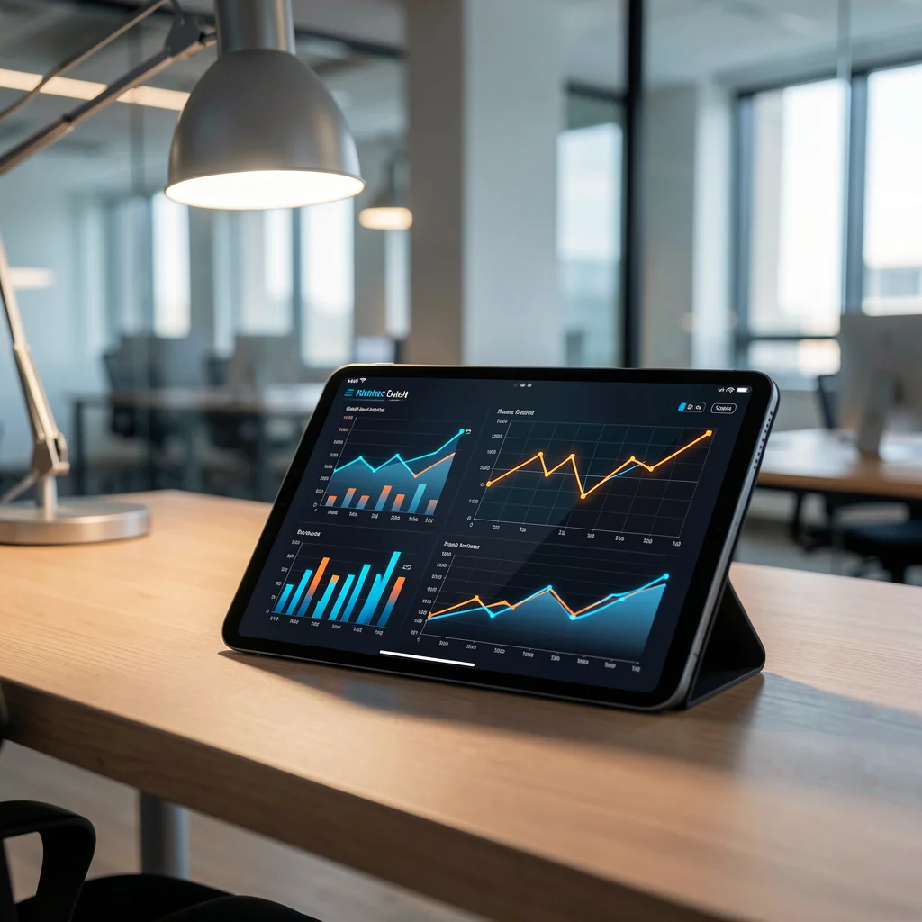 Tablet em uma mesa de escritório moderna exibindo gráficos de dados complexos com iluminação ambiente suave.