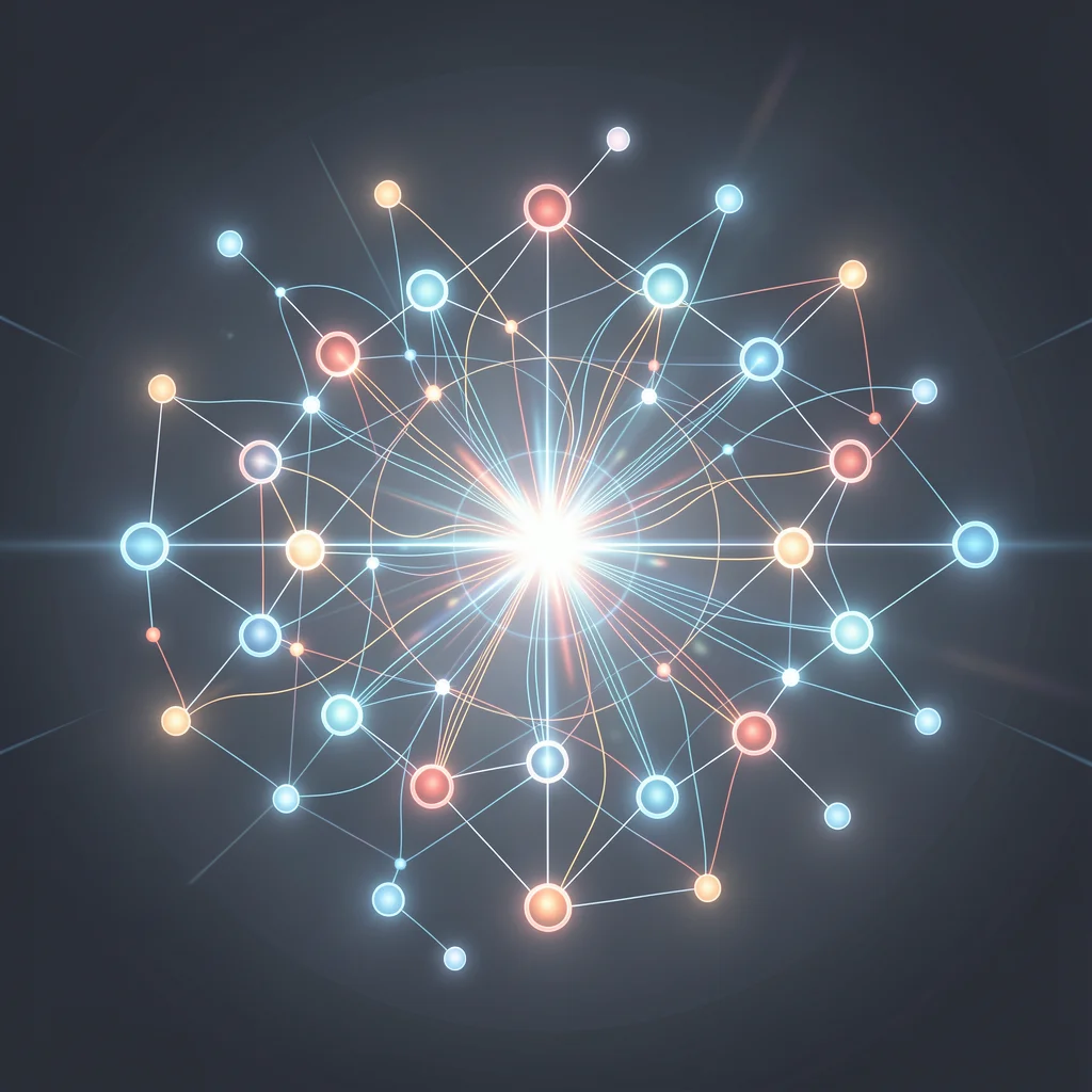 Ilustração abstrata de algoritmo do TikTok como nós e fluxos de dados interconectados com pulso de luz central