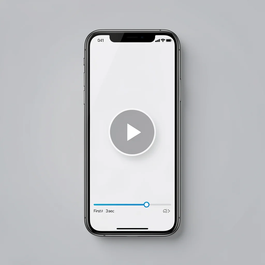 Mockup de tela de smartphone com player de vídeo destacando os primeiros 3 segundos