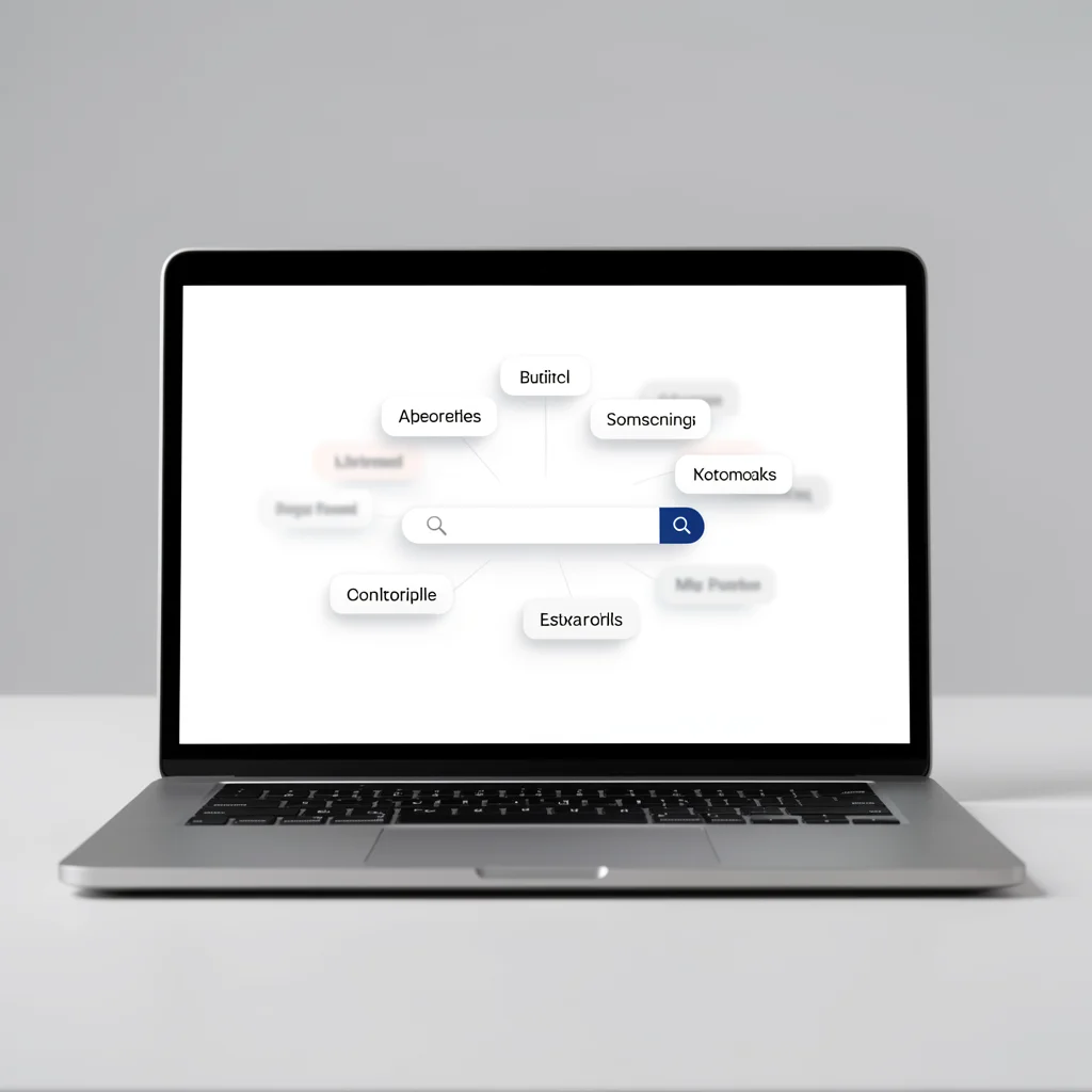 Mockup de tela de laptop com barra de pesquisa e tags de palavras-chave abstratas