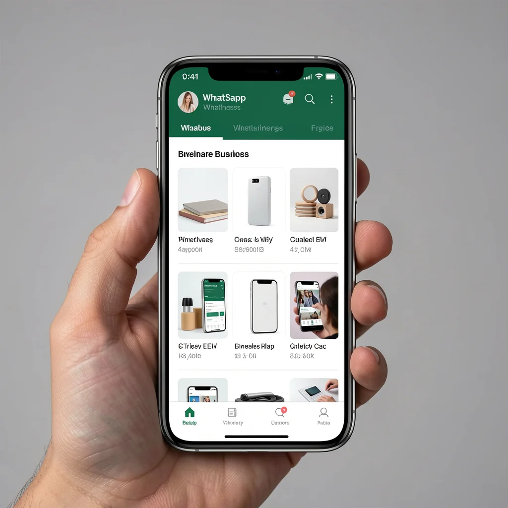 Mão segurando smartphone com tela do WhatsApp Business exibindo interface de catálogo de produtos