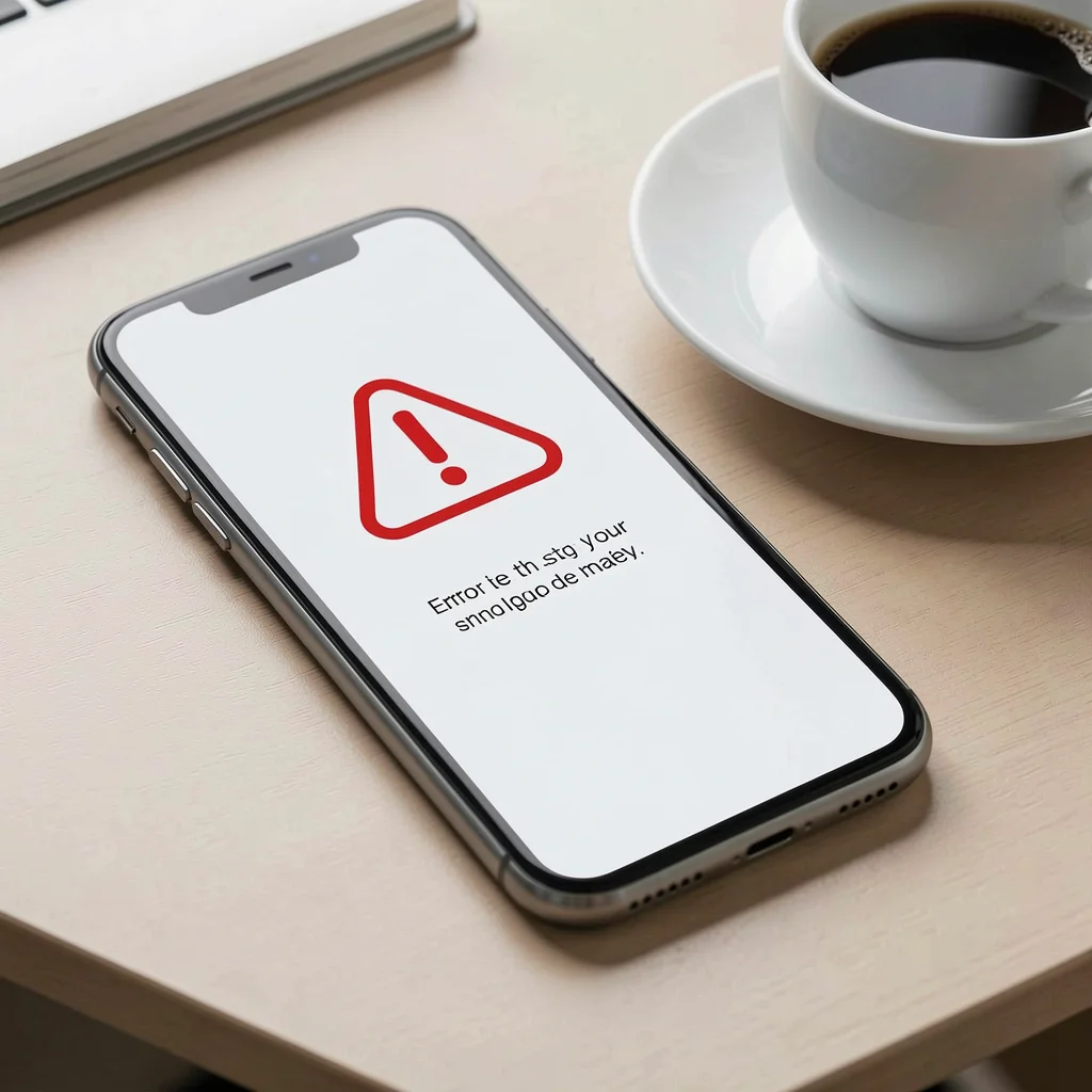 Smartphone com ícone de erro vermelho na tela sobre mesa com café, representando problemas no catálogo