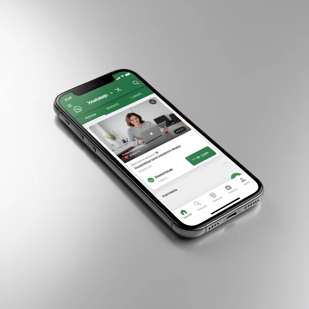 Smartphone moderno sobre superfície refletiva mostrando vídeo de produto no catálogo do WhatsApp Business