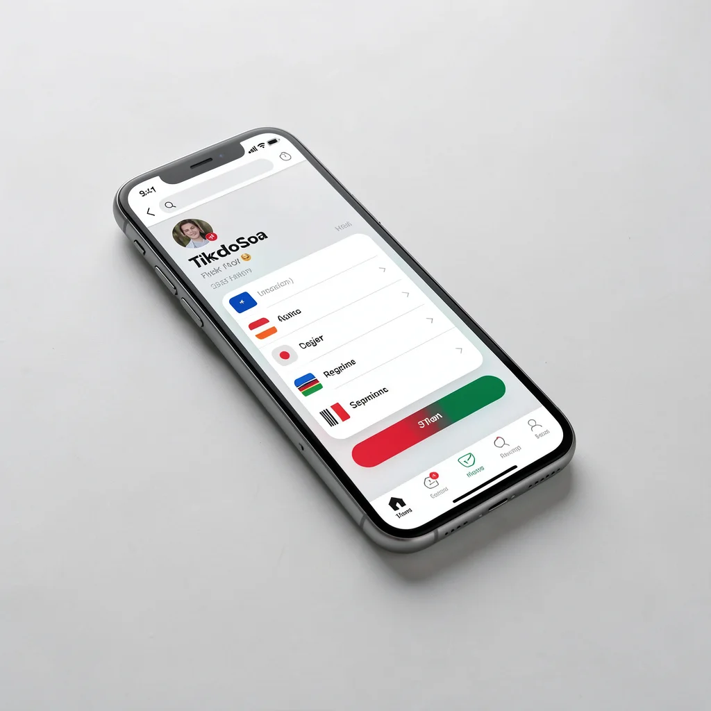 Smartphone sobre mesa com tela de configuração de conta TikTok para outro país, sem texto visível