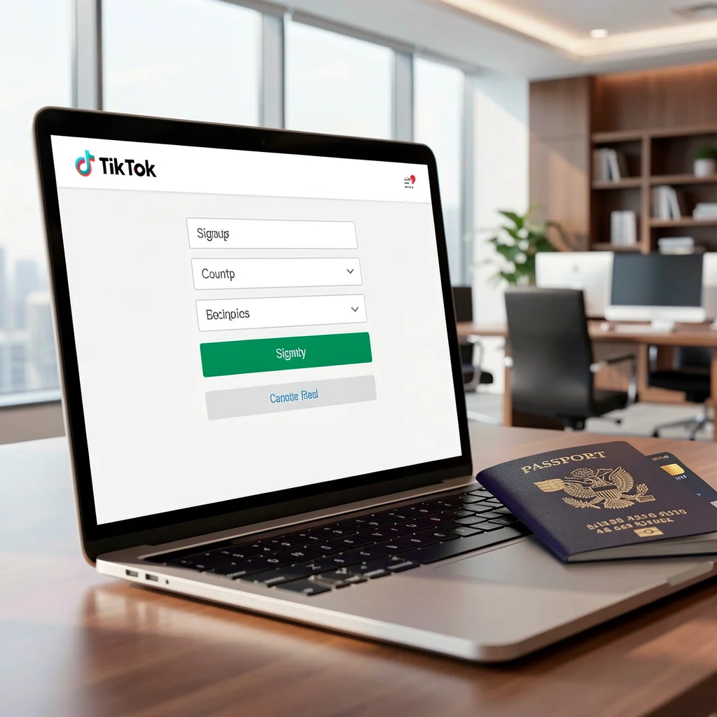 Laptop com formulário de cadastro do TikTok ao lado de passaporte e cartão de crédito, sem texto