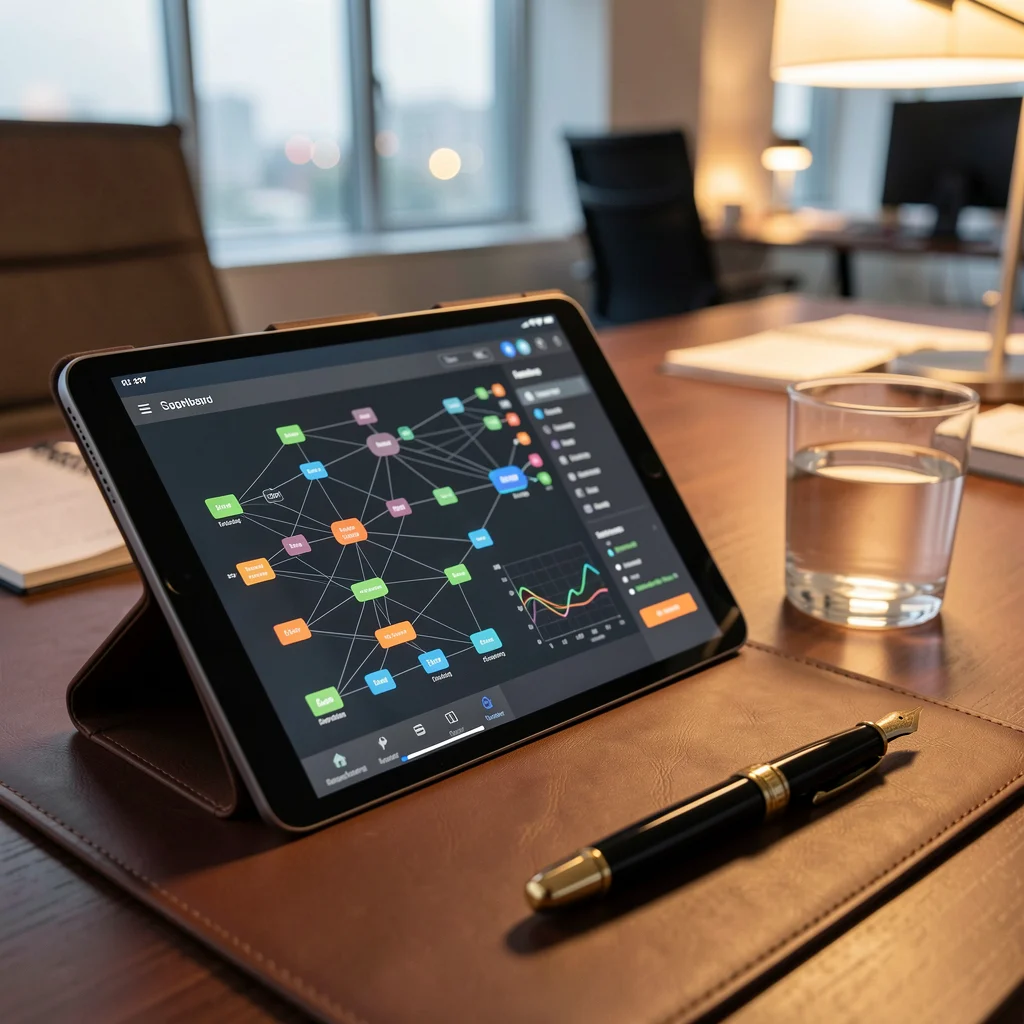 Tablet com gráficos de fluxo de dados e conexões em uma mesa de escritório moderna e organizada.