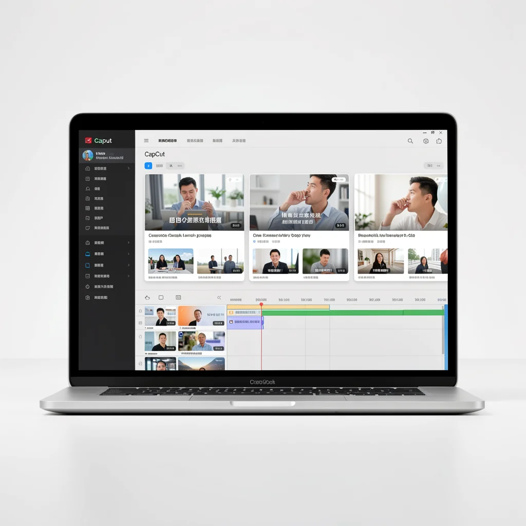 Laptop com tela do software CapCut exibindo linha do tempo de edição de vídeo de produto
