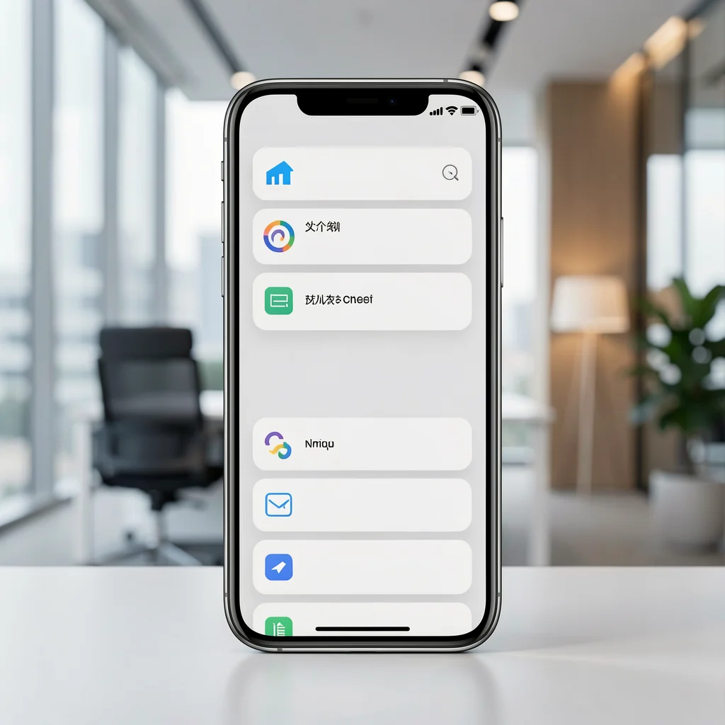 Smartphone premium exibindo interface minimalista de notificações em um escritório moderno.