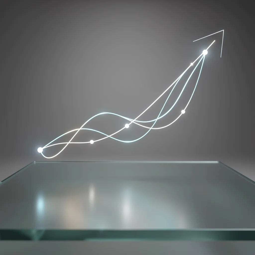 Visualização abstrata de dados e métricas de engajamento em uma superfície de vidro fosco.