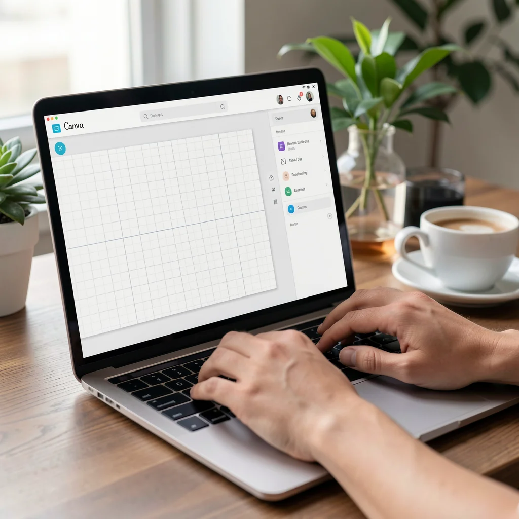 Mãos sobre notebook com tela em branco do Canva em ambiente de trabalho minimalista