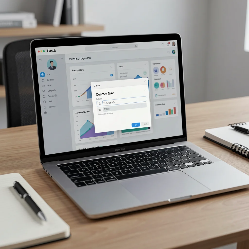 Tela de notebook com interface do Canva exibindo configurações de tamanho personalizado