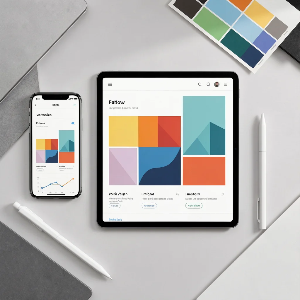 Mesa com smartphone e tablet exibindo design geométrico minimalista e materiais de criação