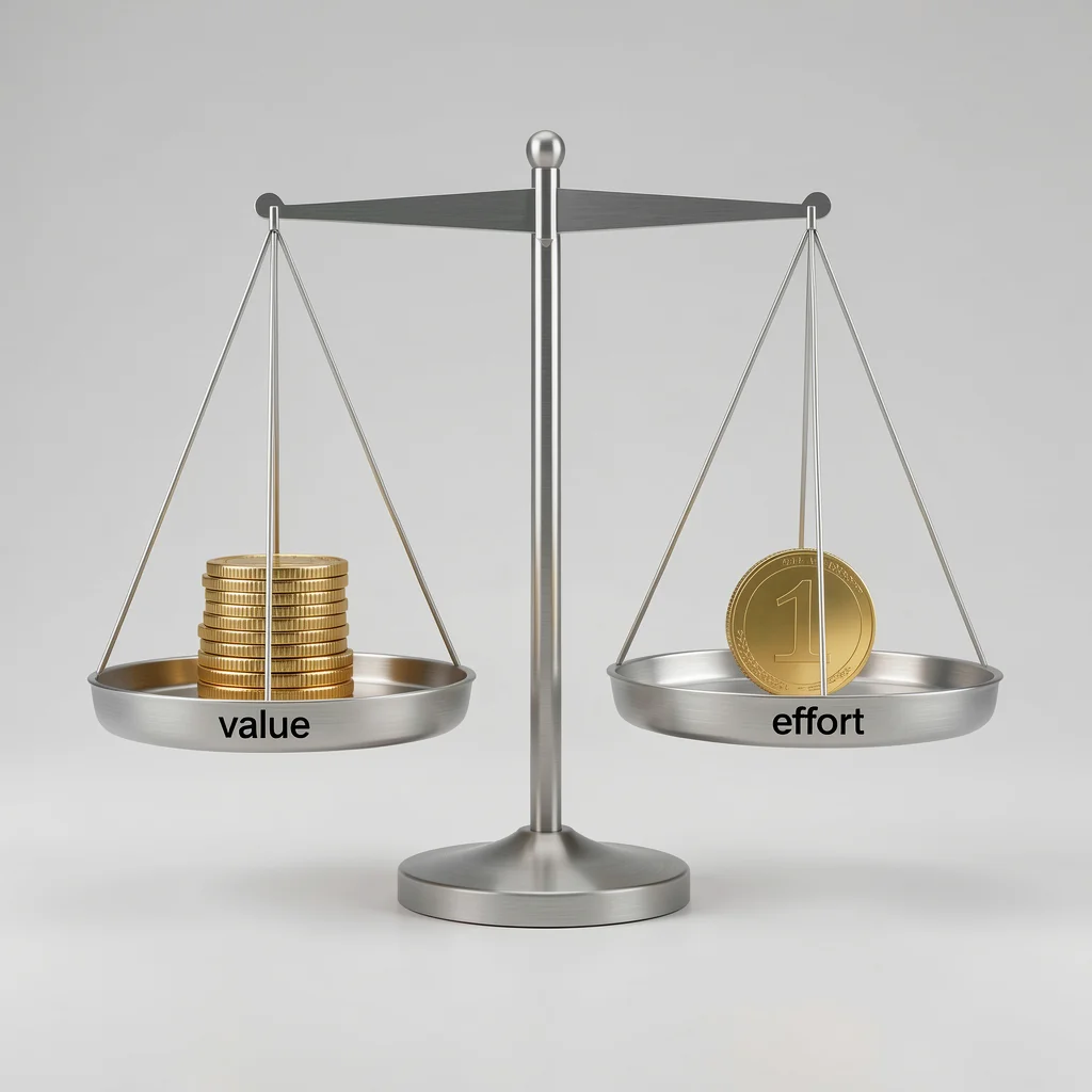 Balança minimalista com moedas de ouro de um lado e uma única moeda do outro, representando precificação baseada em valor