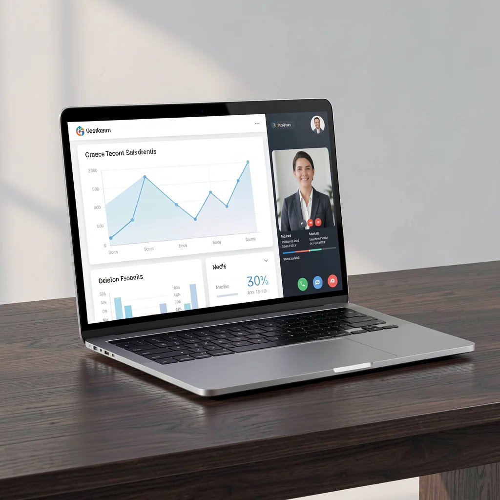 Notebook elegante em mesa de madeira escura com tela exibindo dashboard abstrato e interface de videoconferência