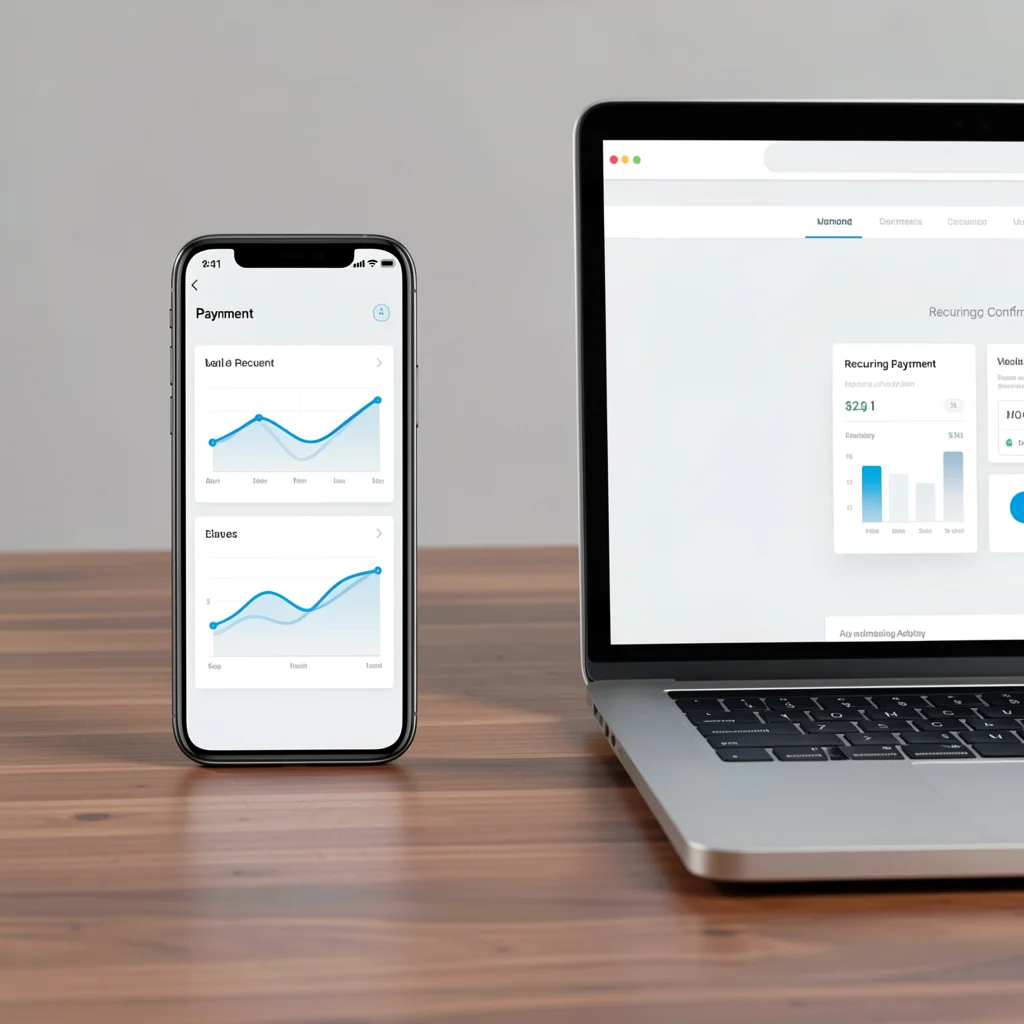 Mockup de smartphone e laptop exibindo interface de cobrança recorrente com gráficos abstratos