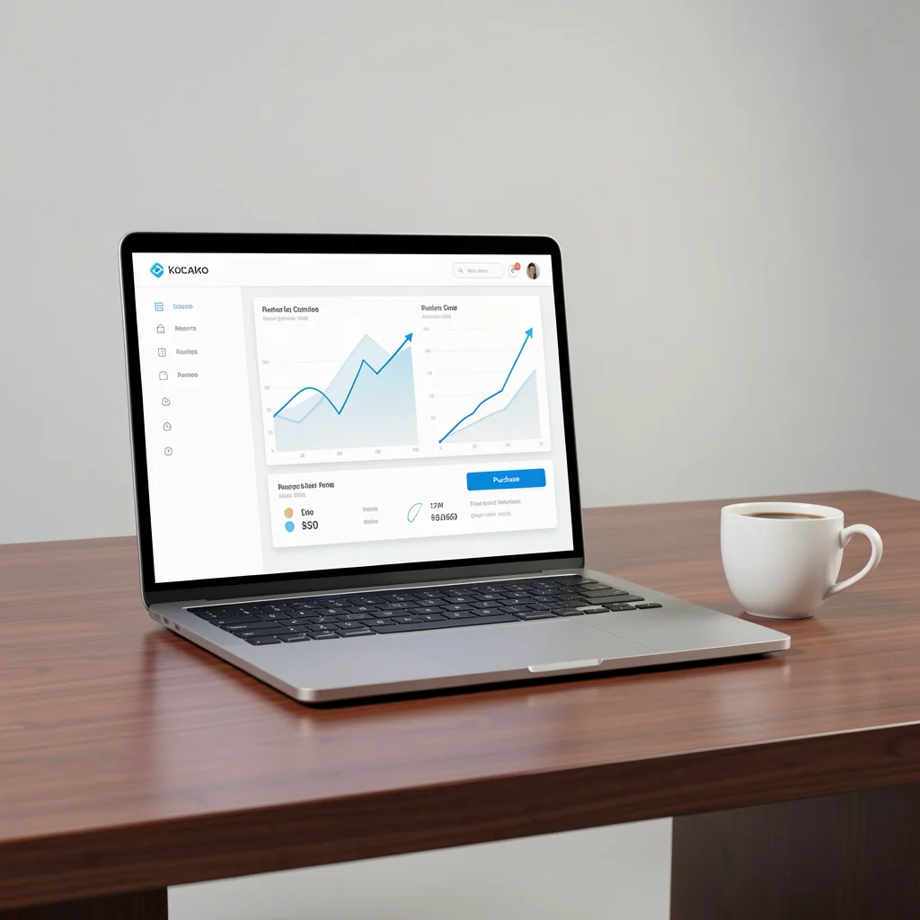 Laptop elegante com dashboard de vendas minimalista em mesa de escritório, simbolizando a primeira venda