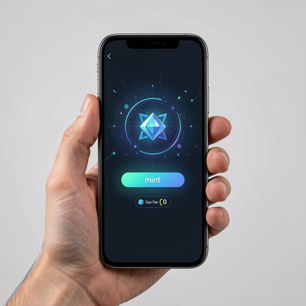 Smartphone exibindo interface de criação de NFT com indicador de taxa zero, representando lazy minting