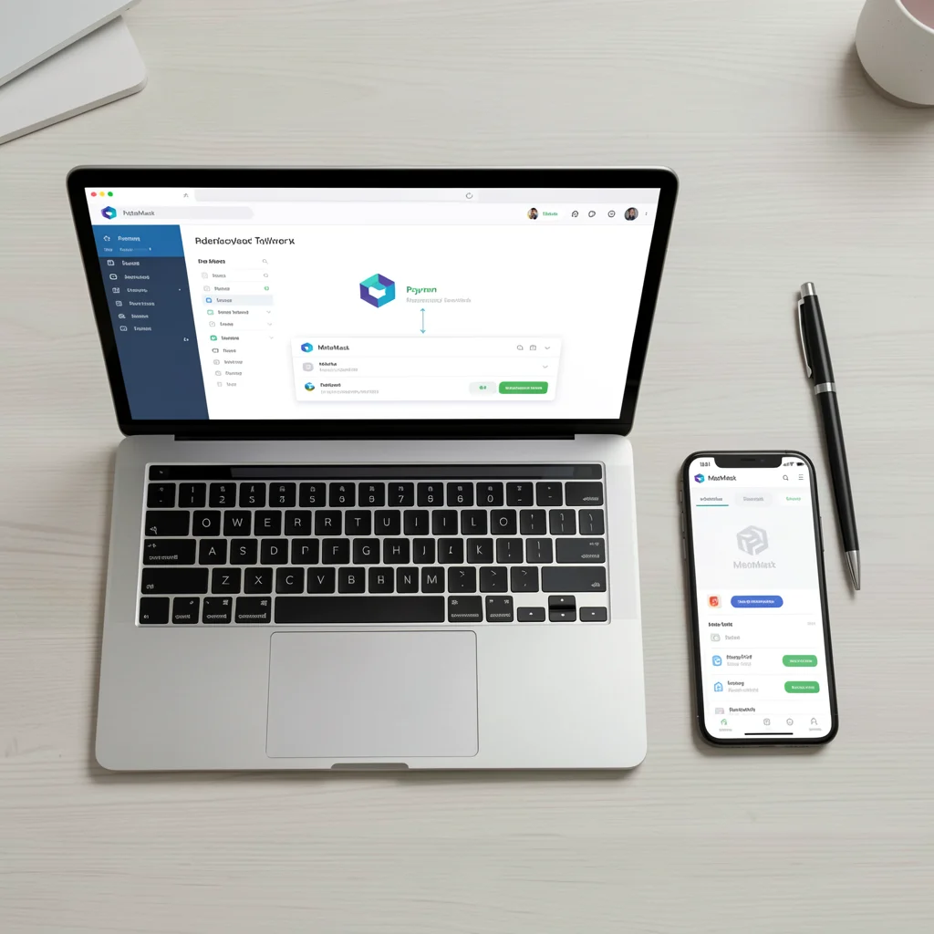 Mesa com laptop mostrando carteira MetaMask conectada à rede Polygon e smartphone ao lado