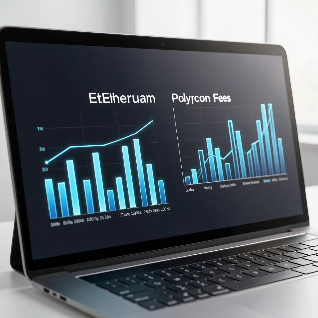 Dashboard abstrato comparando taxas de gas entre Ethereum e Polygon com gráficos luminosos