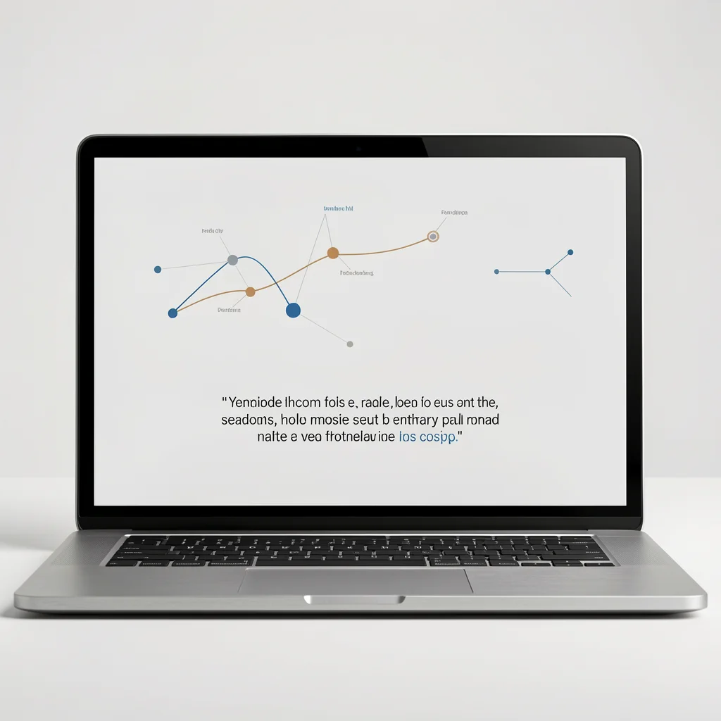 Mockup de laptop exibindo um estudo de caso de portfólio minimalista com dados abstratos e espaço para depoimento, em estilo editorial corporativo.