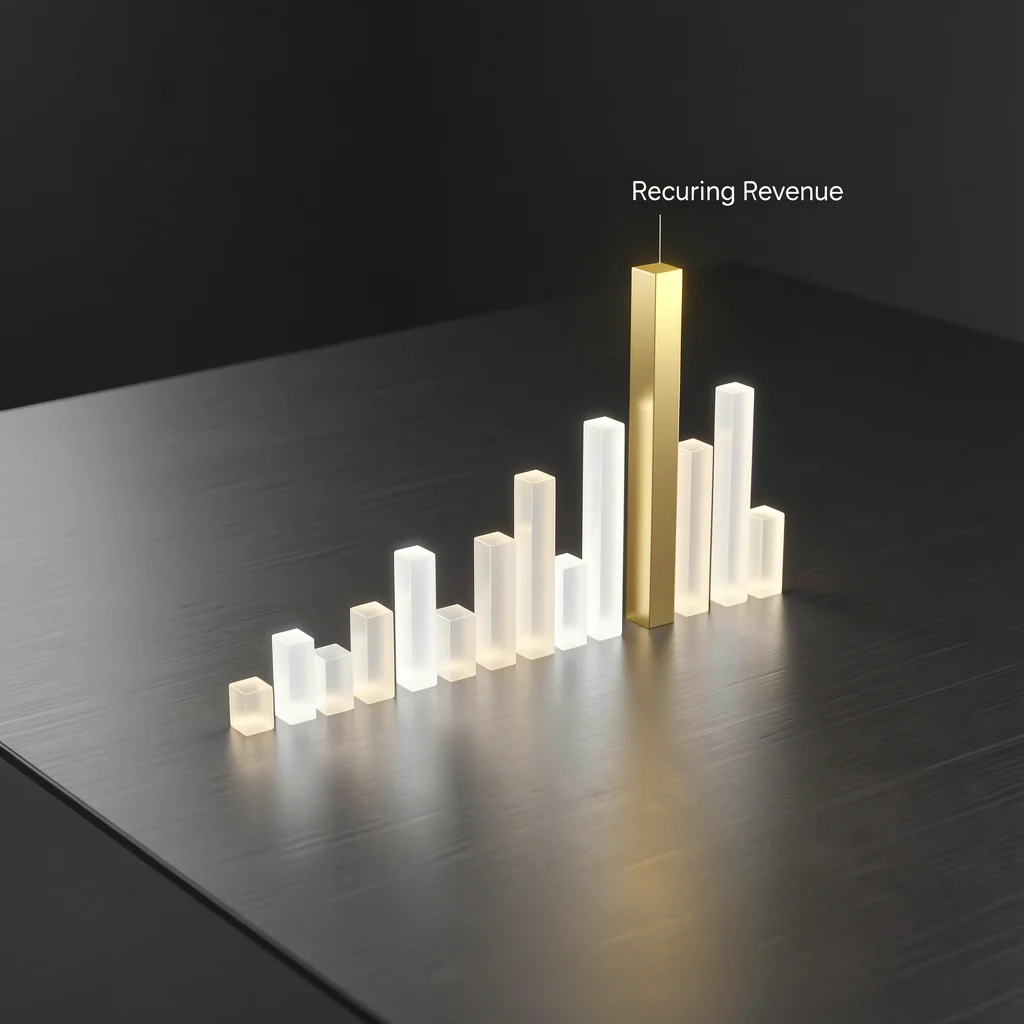 Gráfico minimalista de barras luminosas com destaque dourado representando receita recorrente de 100 membros