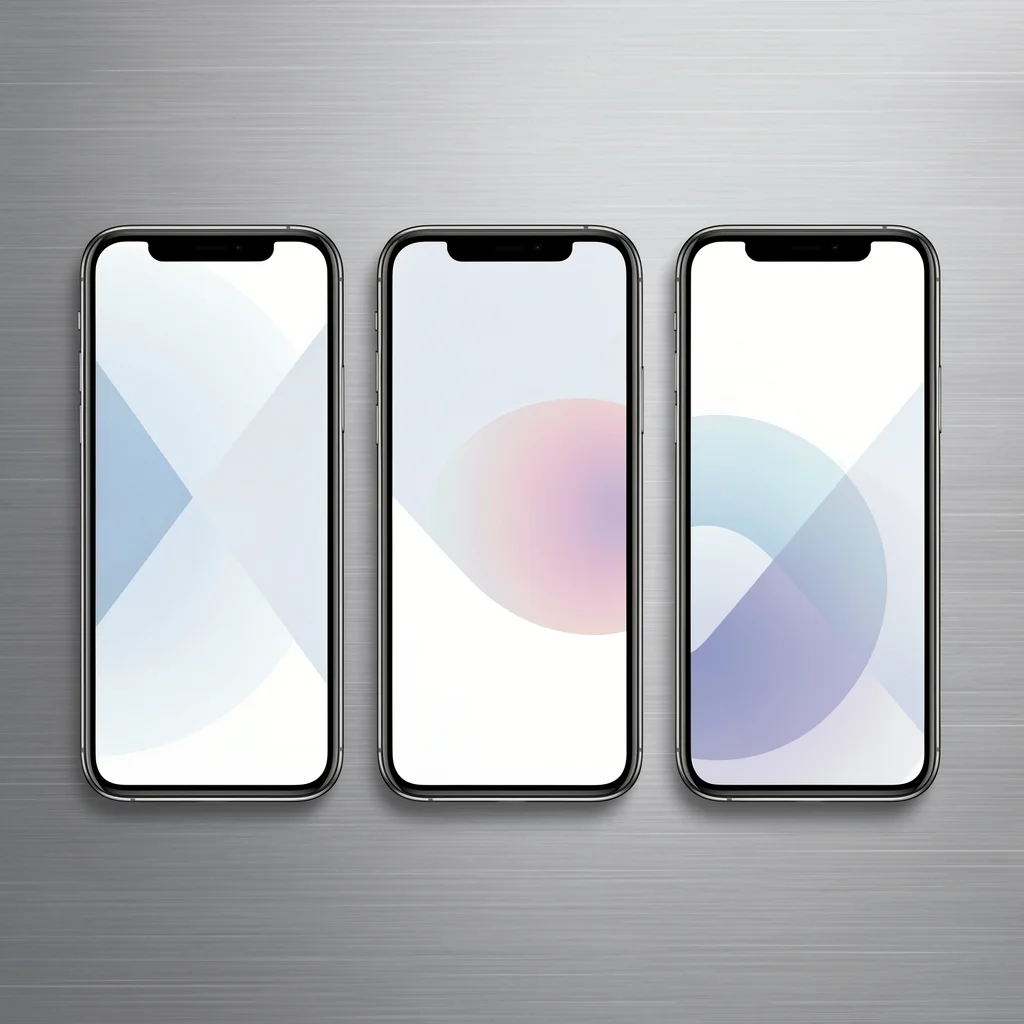 Mockup de três smartphones sobre mesa de alumínio escovado mostrando interfaces abstratas de aplicativos de comunidade