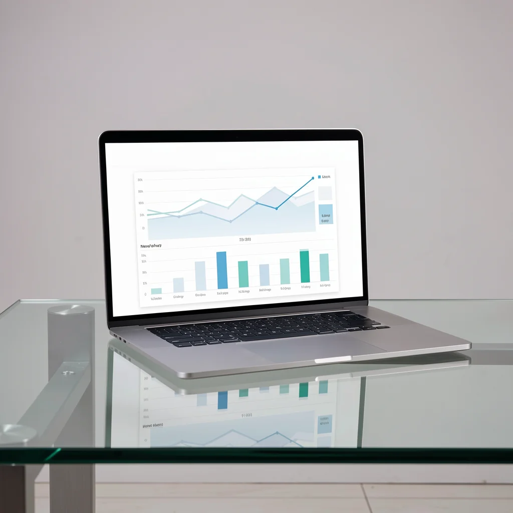 Dashboard abstrato em laptop com gráficos minimalistas representando análise de dados de clientes