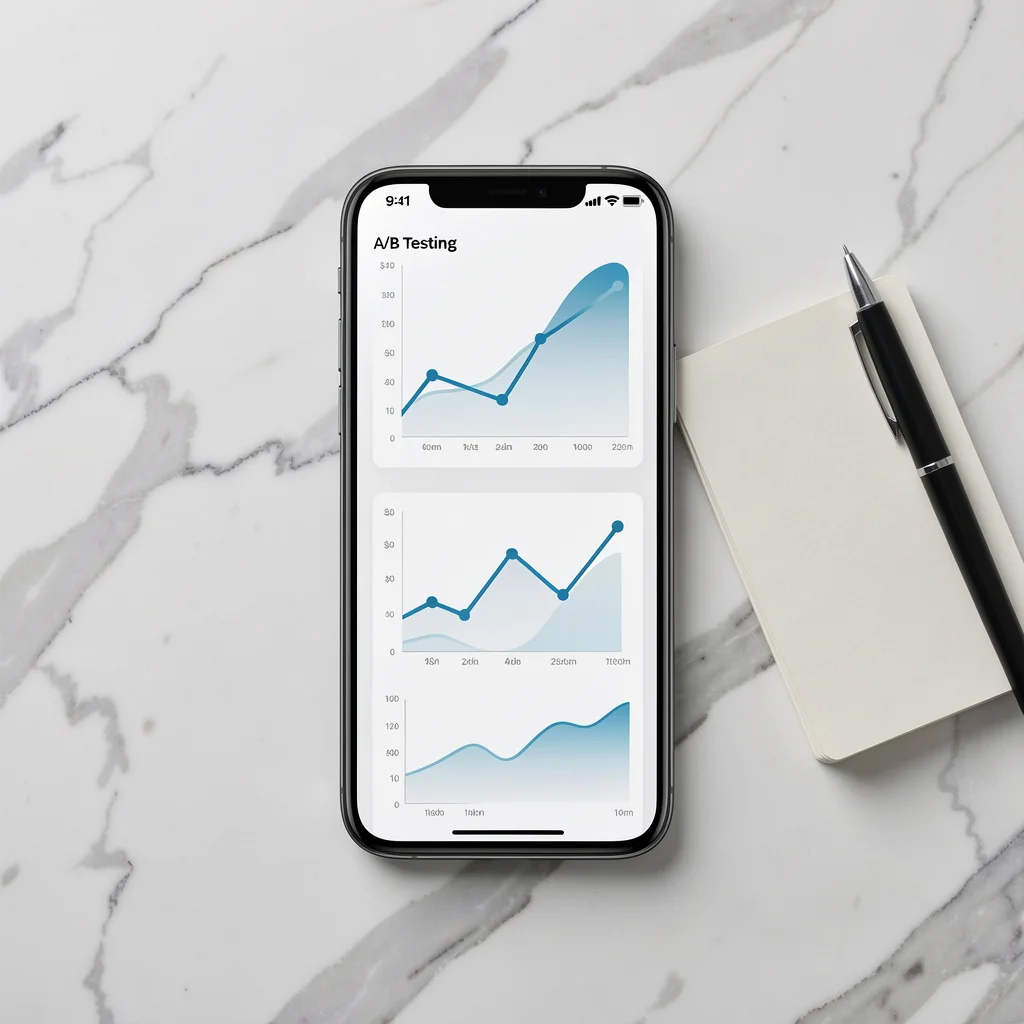 Smartphone com interface de teste A/B e bloco de anotações representando validação prática