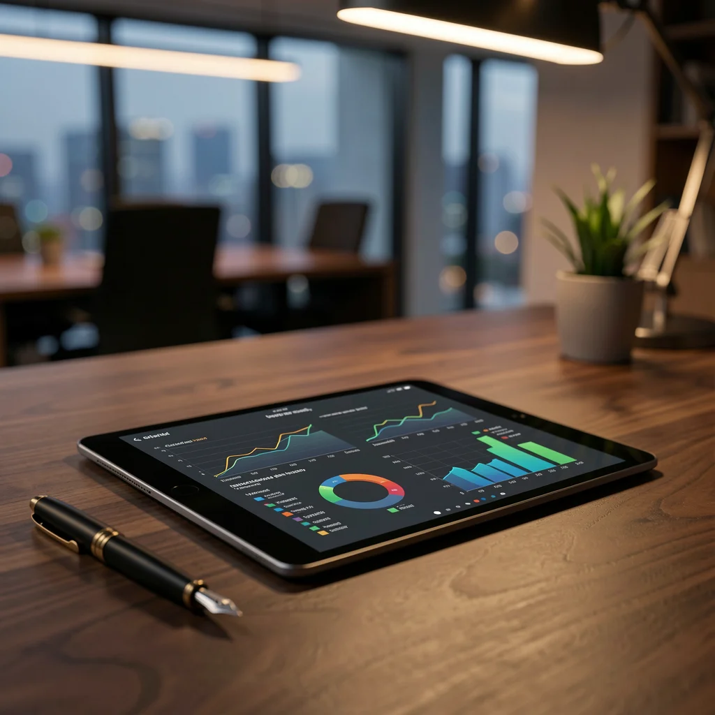 Tablet sobre mesa de escritório executivo exibindo gráficos de dados financeiros com iluminação ambiente sofisticada.