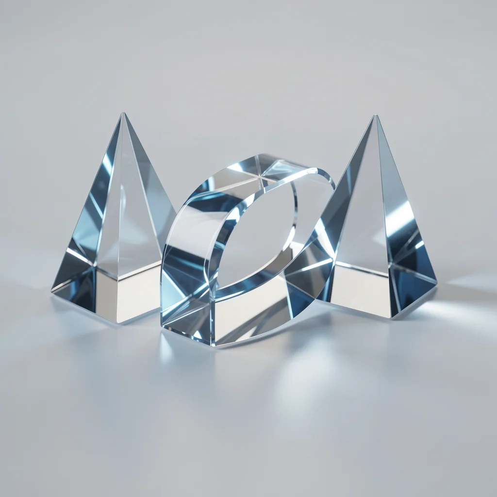 Três prismas de vidro entrelaçados em superfície refletiva com luz azul suave, representando ciclo contínuo de melhoria