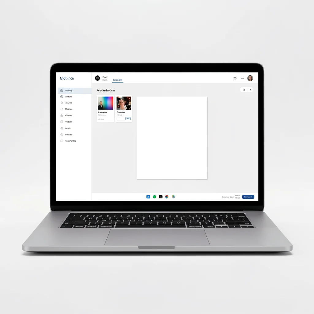 Laptop com tela mostrando interface de design com configurações de resolução, em ambiente de escritório elegante