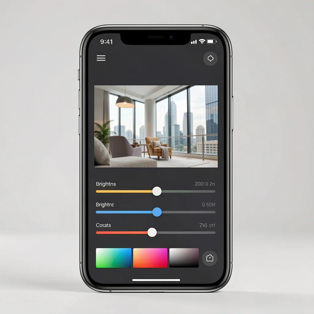 Smartphone exibindo tela de edição de fotos com controles deslizantes de ajuste