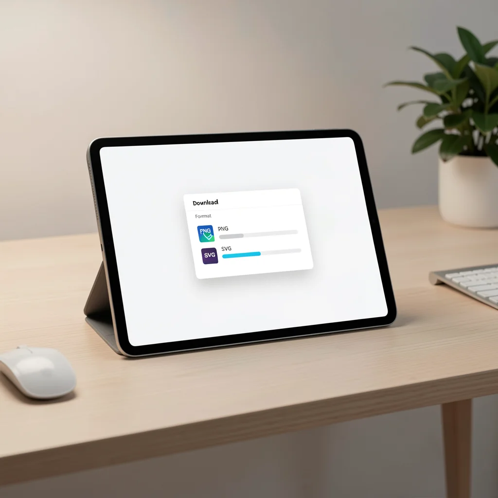 Tablet com tela de exportação mostrando opções de formato e qualidade de imagem