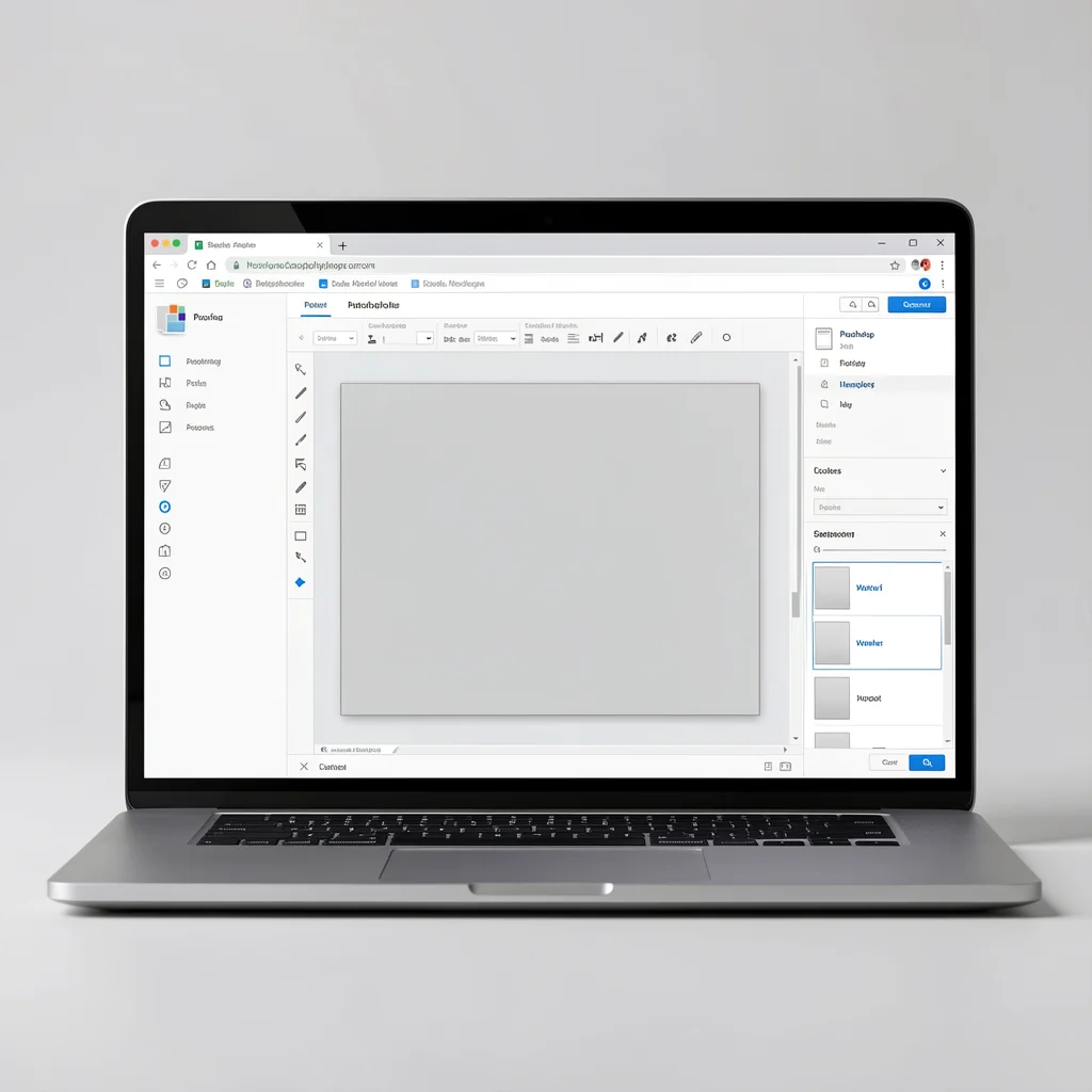 Interface do Photoshop online em um notebook moderno, com painéis de ferramentas e área de edição, em estilo corporativo elegante.