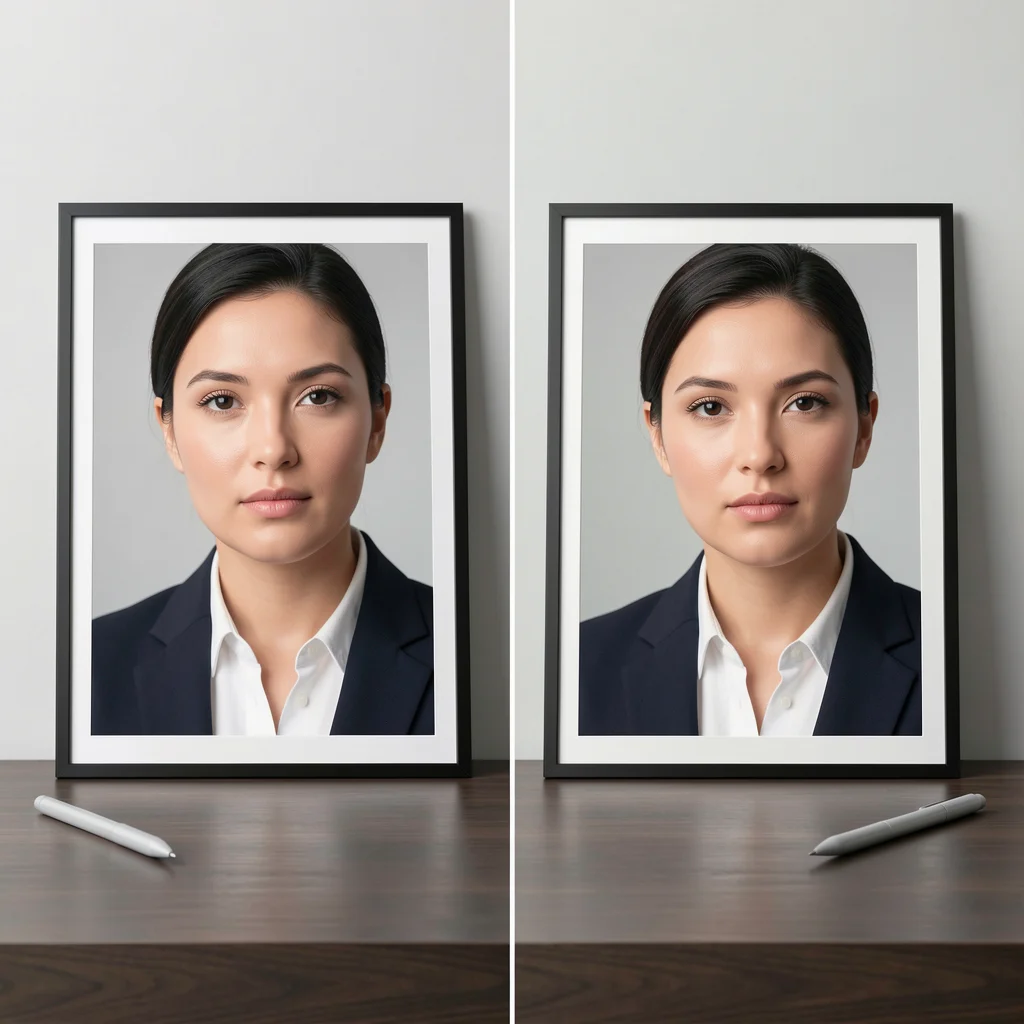 Comparação lado a lado de uma foto de retrato antes e depois da edição profissional, com caneta stylus sobre mesa elegante.