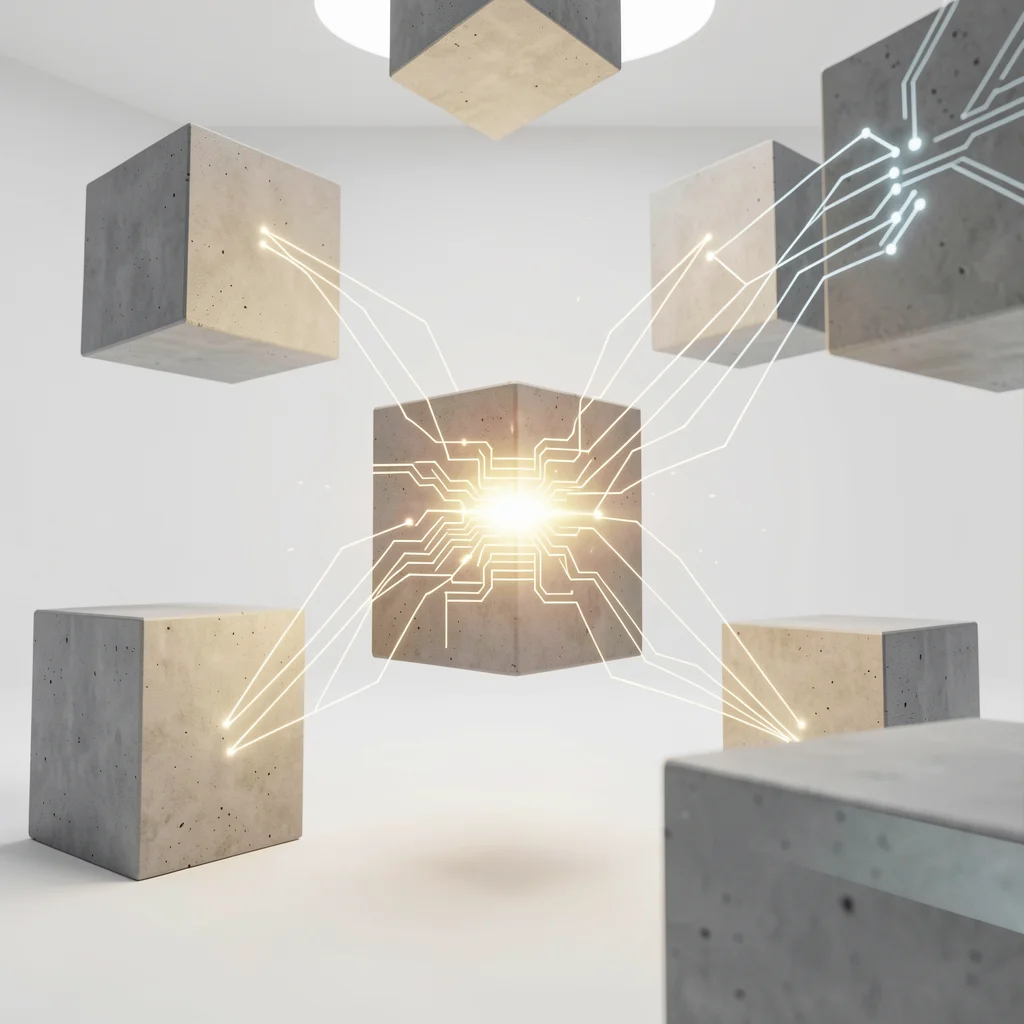 Blocos de concreto polido flutuando em ambiente minimalista, um deles iluminado internamente com linhas de dados, simbolizando potencial oculto.