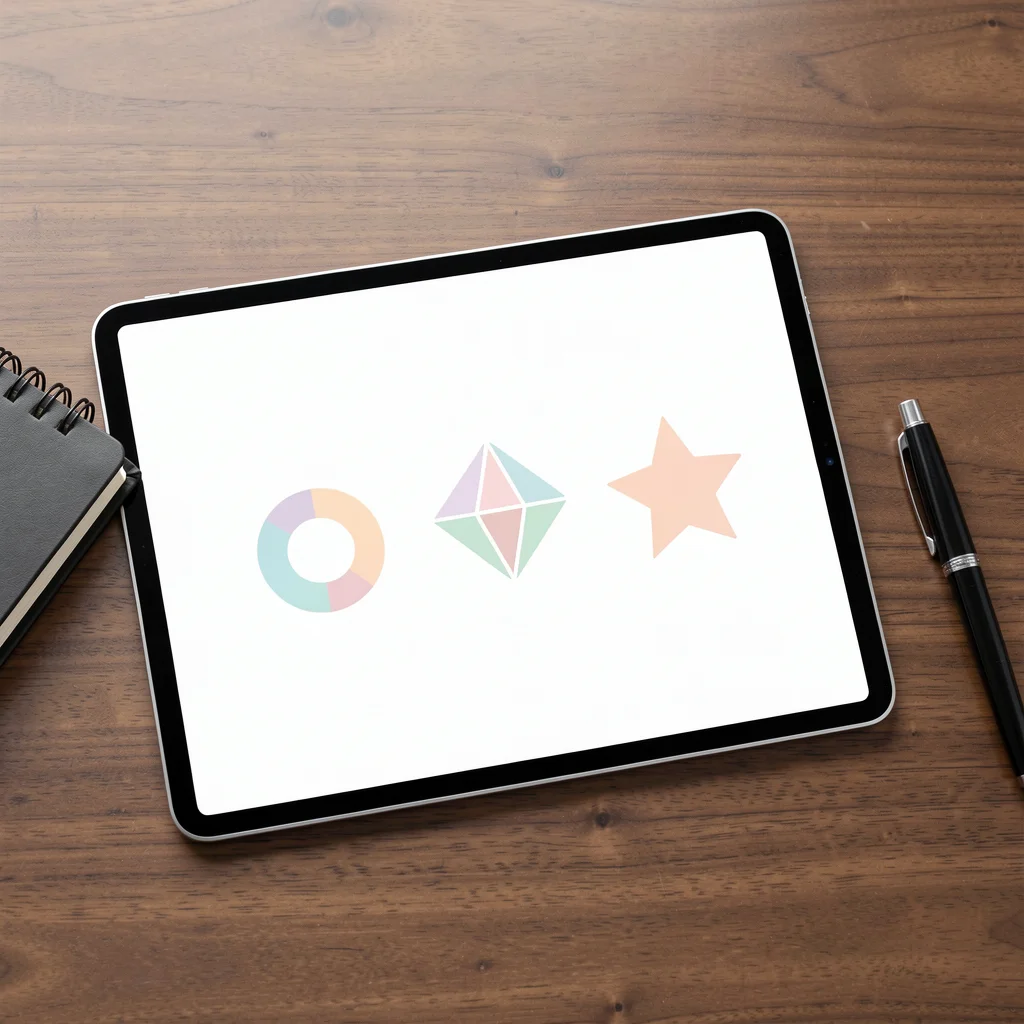 tablet exibindo um cardápio abstrato de três níveis de serviços com ícones geométricos sobre uma mesa elegante