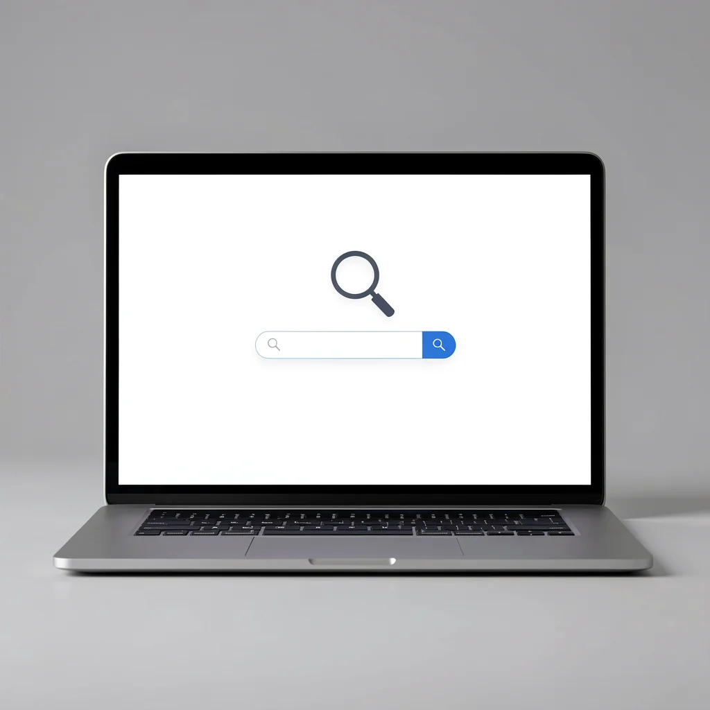 Captura de tela de laptop mostrando interface de busca da Biblioteca de Anúncios do Facebook, com barra de pesquisa e ícone de lupa, em estilo minimalista e corporativo.