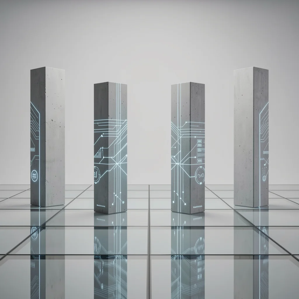 Quatro pilares de concreto com elementos digitais luminosos representando os pilares para escalar um negócio digital de forma sustentável